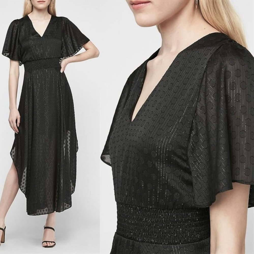 *NWT* Dotted Handkerchief Smocked Waistband Midi Flutter Sleeve Dress - XS-XXS